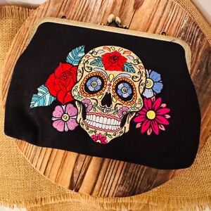 New! Sugar Skull Canvas Kiss-lock Purse w/2 straps
